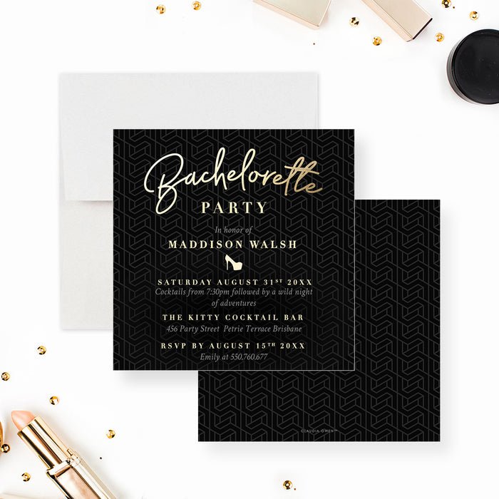 Black bachelorette party invitation elegant girls night invite modern black party design-front-back