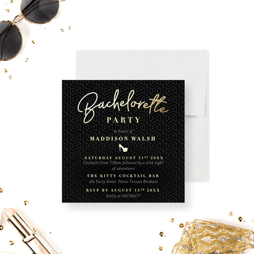 Black bachelorette party invitation elegant girls night invite modern black party design-front