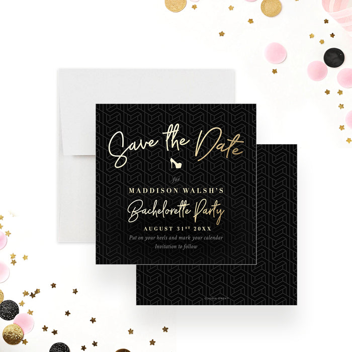 Black elegant bachelorette save the date card modern bridal party announcement-front-back