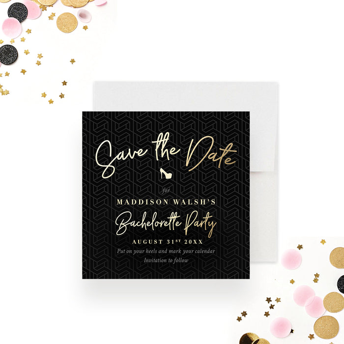 Black elegant bachelorette save the date card modern bridal party announcement-front