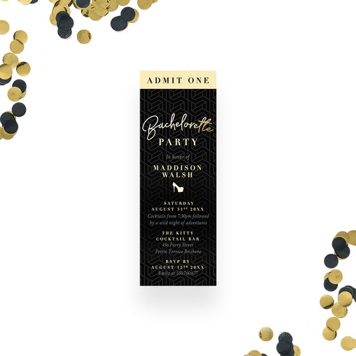 Black bachelorette ticket invitation admit one elegant party invite modern design