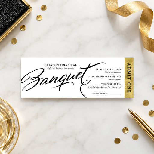 Black and gold corporate banquet ticket invitation template with elegant script lettering, gold admit-one strip, and personalized event details.