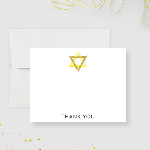 Elegant black and gold bat mitzvah thank you card with star of david and custom name

