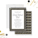 Black and gold charity fundraiser gala invitation with geometric border and personalized event details-front-back