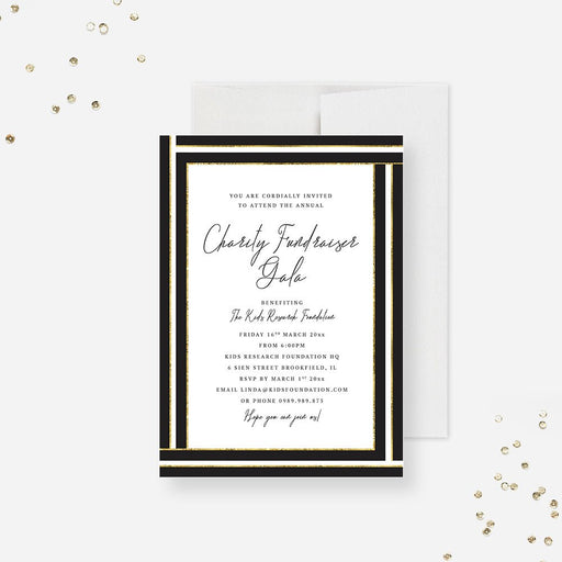 Black and gold charity fundraiser gala invitation with geometric border and personalized event details-front