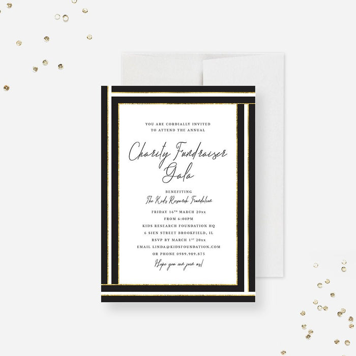 Black and gold charity fundraiser gala invitation with geometric border and personalized event details-front