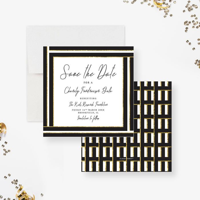 Black and gold charity gala save the date card with elegant border and personalized event details-front-back
