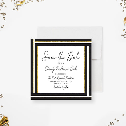 Black and gold charity gala save the date card with elegant border and personalized event details-front