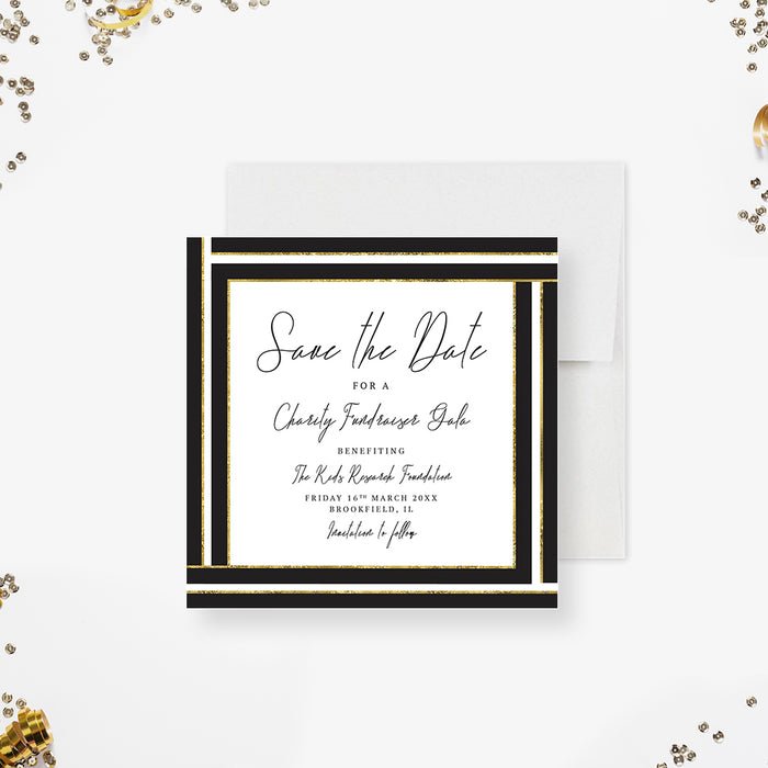 Black and gold charity gala save the date card with elegant border and personalized event details-front