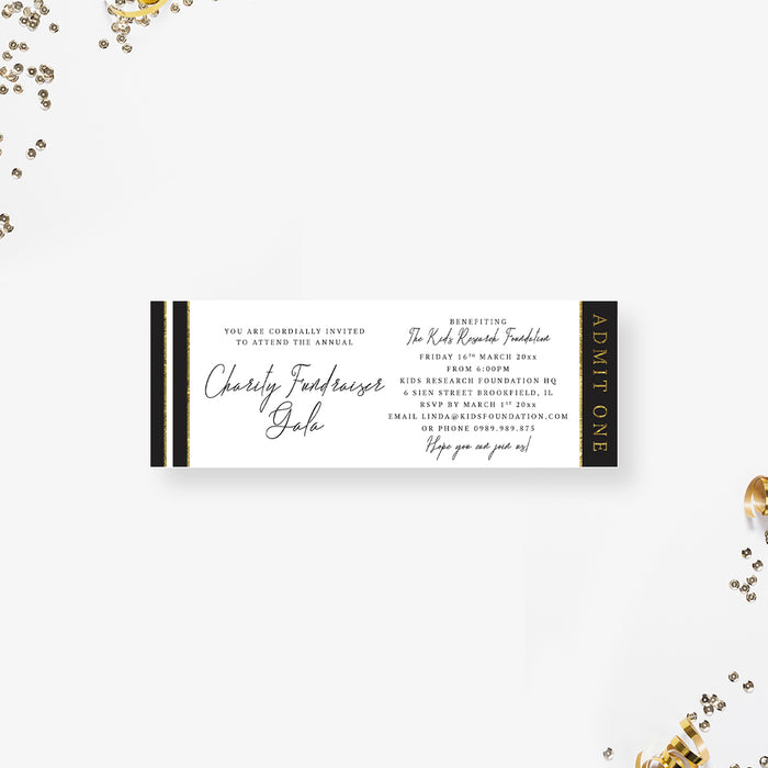Black and gold charity gala ticket invitation with personalized event details and Admit One design