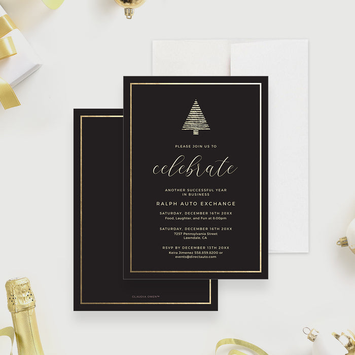 Elegant black and gold Christmas party invitation template with modern minimalist tree design and event details for a business holiday celebration.