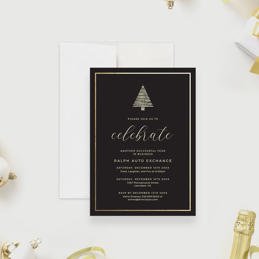 Elegant black and gold Christmas party invitation template with modern minimalist tree design and event details for a business holiday celebration.