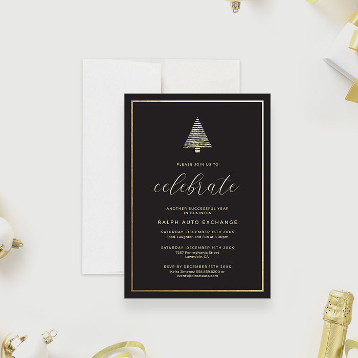 Elegant black and gold Christmas party invitation template with modern minimalist tree design and event details for a business holiday celebration.