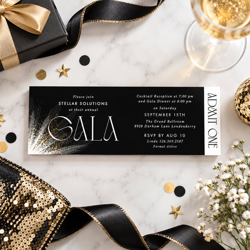 Black and gold personalized gala ticket invitation with sparkling gold accents, event details, and an Admit One panel.