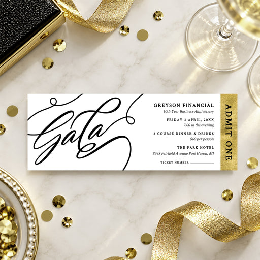 Black and gold corporate gala ticket template with oversized script lettering, a gold admit-one strip, and editable event details.