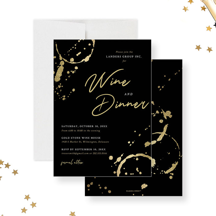 Black corporate wine dinner invitation with gold wine glass ring accents, script lettering and personalized business event details-front-back