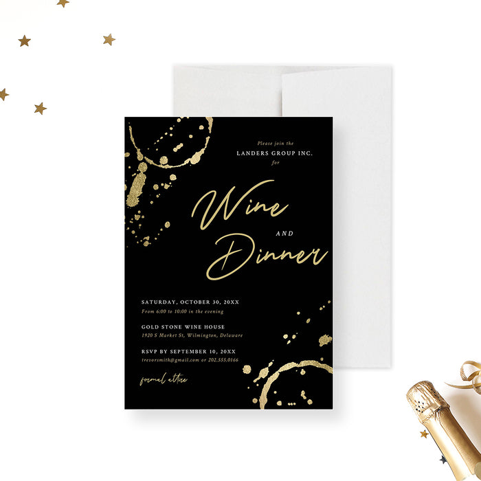 Black corporate wine dinner invitation with gold wine glass ring accents, script lettering and personalized business event details-front