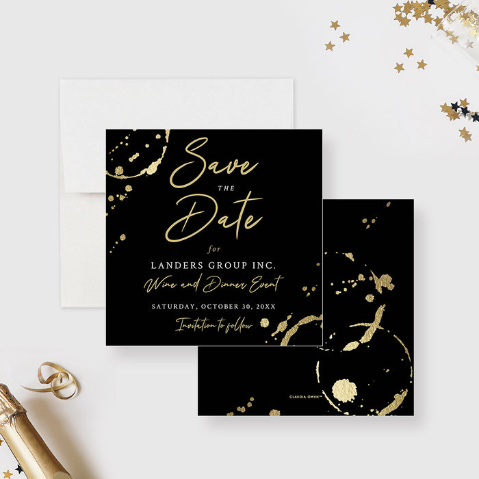 Black corporate wine dinner save the date card with gold wine glass rings, script lettering and personalized company details-front-back