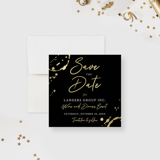 Black corporate wine dinner save the date card with gold wine glass rings, script lettering and personalized company details-front
