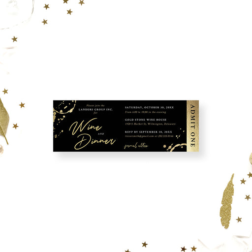 Black corporate wine dinner ticket invitation with gold wine glass rings, Admit One stub and personalized business event details