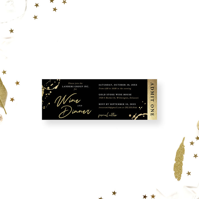 Black corporate wine dinner ticket invitation with gold wine glass rings, Admit One stub and personalized business event details