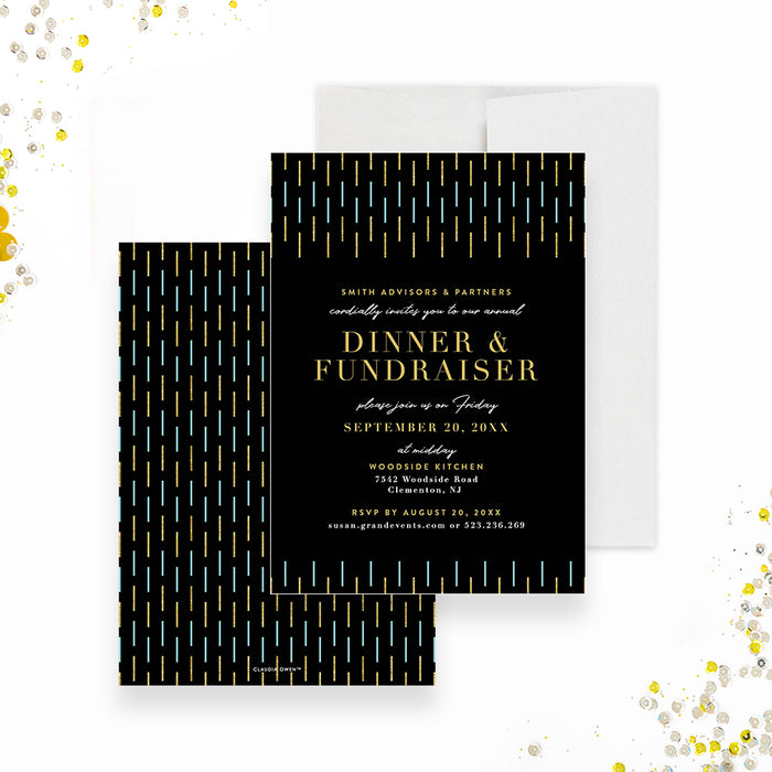 Personalized black and gold dinner fundraiser invitation with modern gold and blue accents-front-back