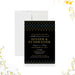 Personalized black and gold dinner fundraiser invitation with modern gold and blue accents-front