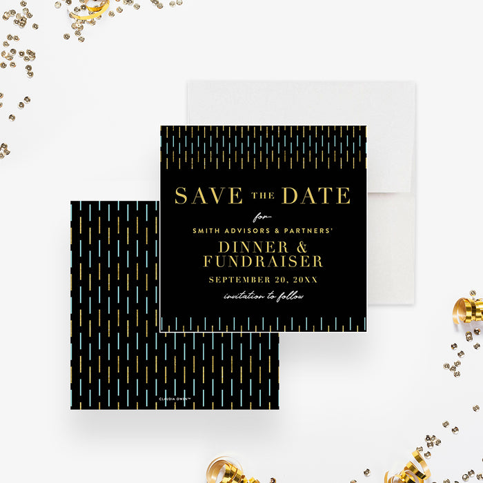 Personalized black and gold dinner fundraiser save the date card with modern gold and blue accents-front-back