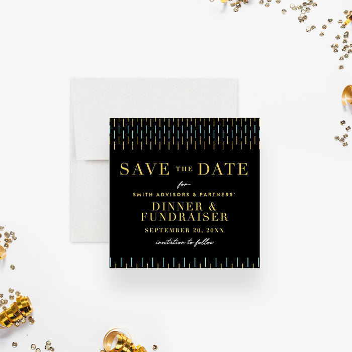 Personalized black and gold dinner fundraiser save the date card with modern gold and blue accents-front