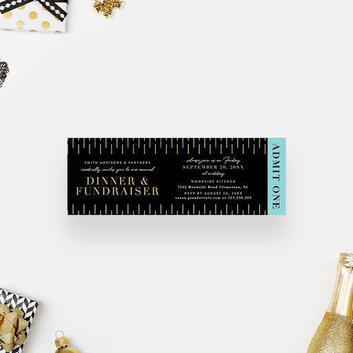 Black and gold dinner fundraiser ticket invitation with blue accents and personalized event details