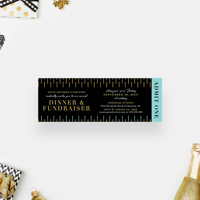 Black and gold dinner fundraiser ticket invitation with blue accents and personalized event details