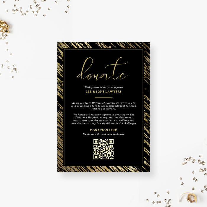 Black and gold gala donation card template with QR code for charity fundraising events.