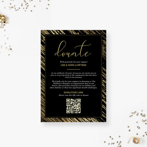 Black and gold gala donation card template digital download for fundraisers, charity galas, banquets, and nonprofit events.
