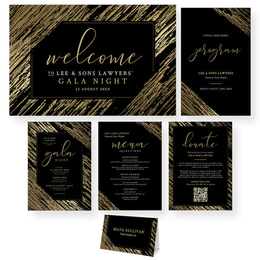 Black and gold gala invitation set with invitation, welcome sign, program, menu, donation card, and place card digital templates.