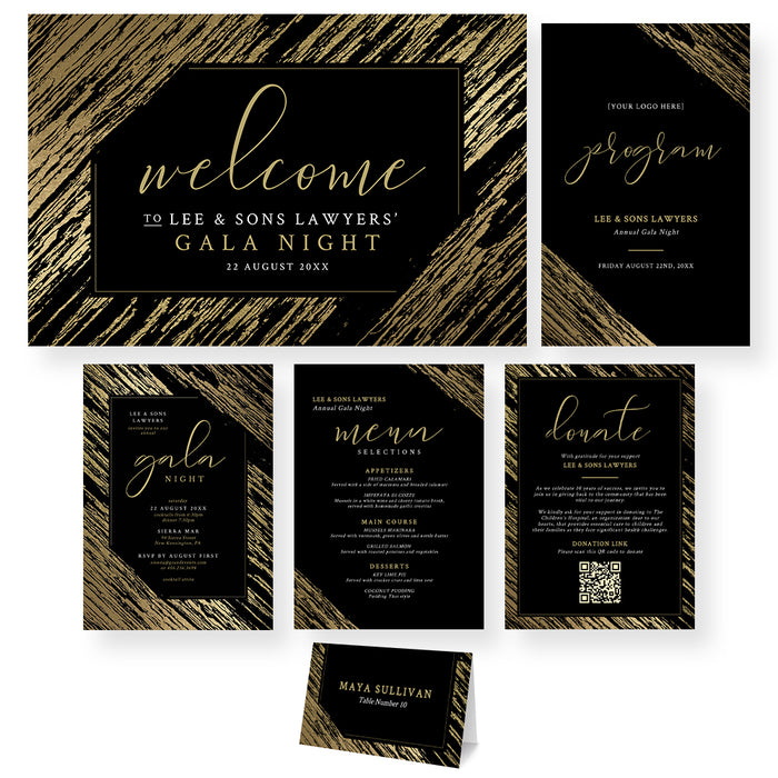 Black and gold gala invitation set with invitation, welcome sign, program, menu, donation card, and place card digital templates.