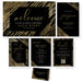 Black and gold gala invitation set with invitation, welcome sign, program, menu, donation card, and place card digital templates.
