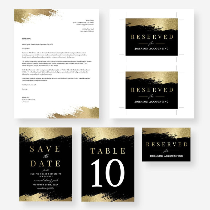 Black and gold digital gala template set with save the date, place card, and table number