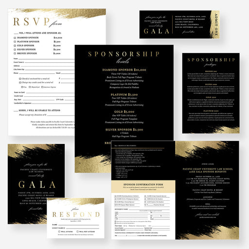 Black and gold digital gala template set with invitation, RSVP pieces, sponsorship forms and event ticket