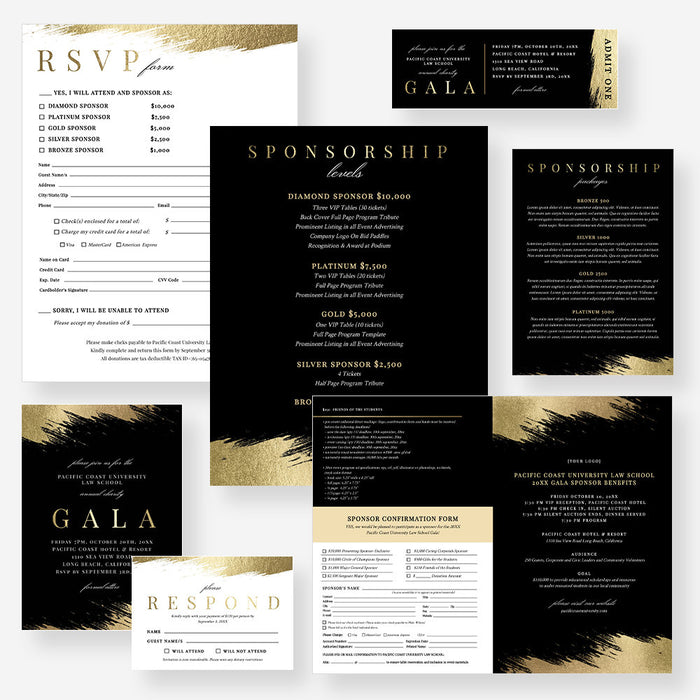 Black and gold digital gala template set with invitation, RSVP pieces, sponsorship forms and event ticket