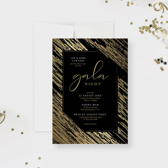 Black and gold gala invitation card digital template for fundraisers and black tie events.