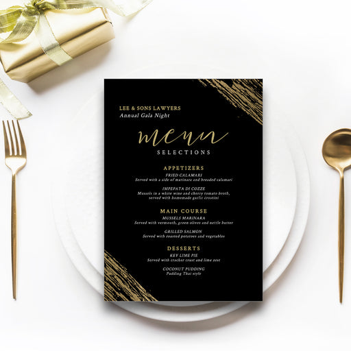 Black and gold gala menu card template digital download for fundraisers, banquets, charity galas, and black tie events.