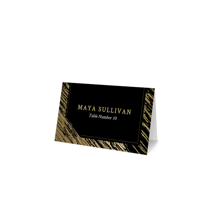 Elegant black and gold gala place card template for guest table seating.