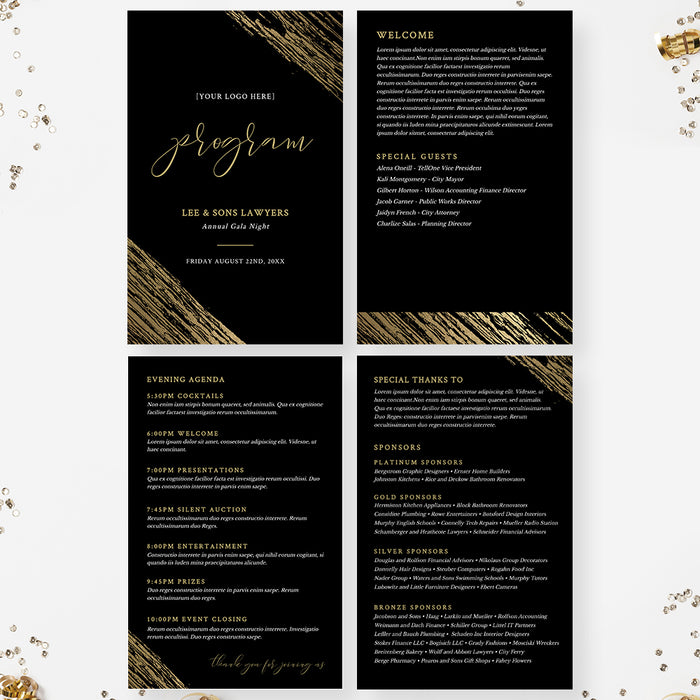 Elegant black and gold gala program card template for corporate events and charity galas.