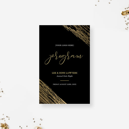 Black and gold gala program front page template with elegant gold accents on black background, ideal for galas, fundraisers, and formal events.