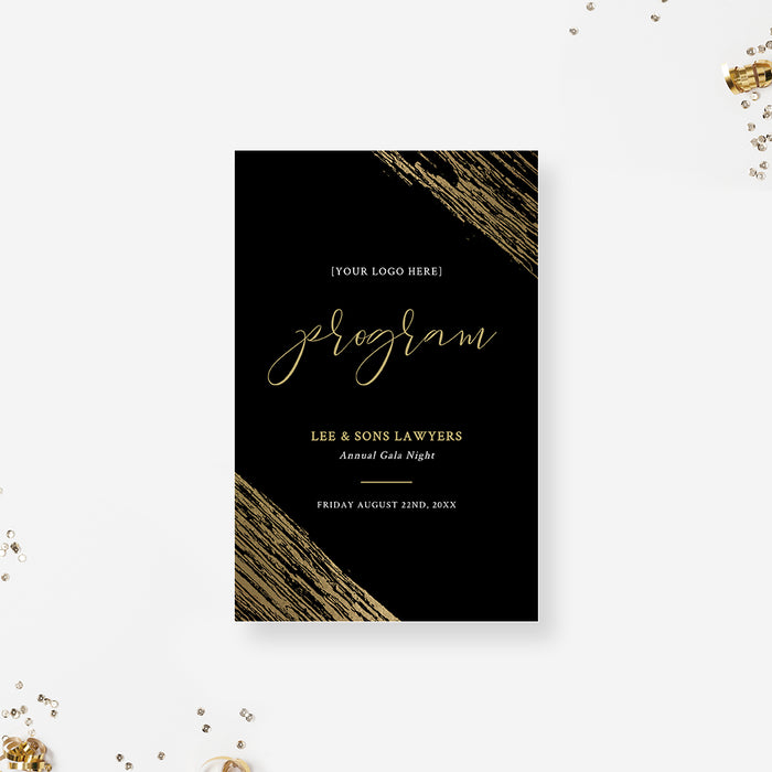 Black and gold gala program front page template with elegant gold accents on black background, ideal for galas, fundraisers, and formal events.
