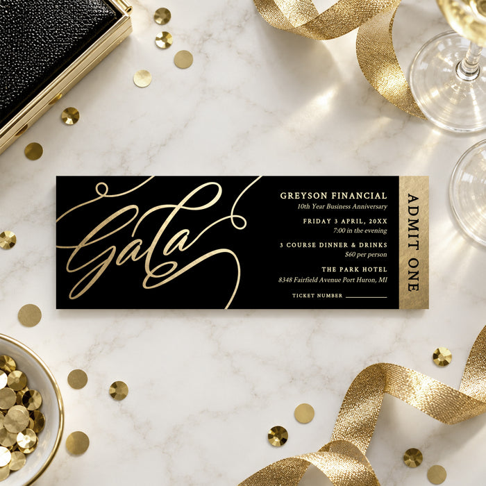 Black and gold gala ticket template with elegant gold script lettering, a gold admit-one strip, and customizable event details.