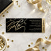 Black and gold gala ticket template with elegant gold script lettering, a gold admit-one strip, and customizable event details.