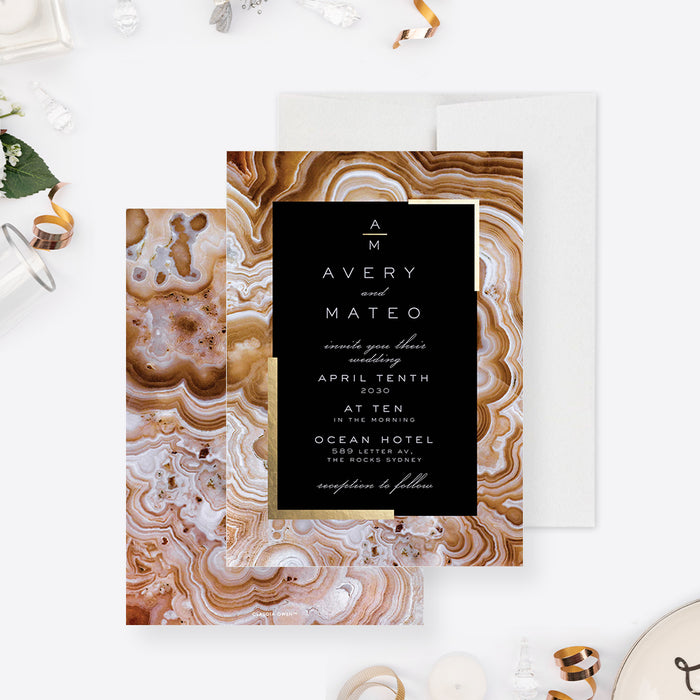 Black and gold geode wedding invitation featuring a modern elegant layout with natural stone texture-front-back