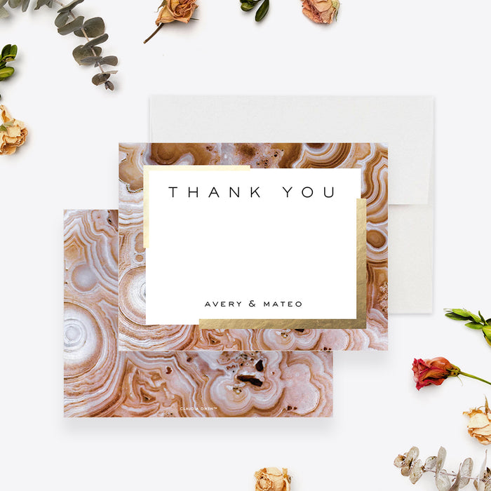 Wedding thank you card with brown geode-inspired background and gold accents-front-back