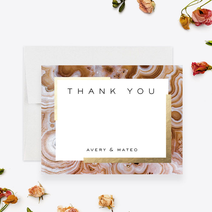 Wedding thank you card with brown geode-inspired background and gold accents-front